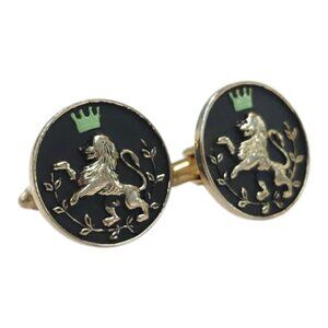 Vintage Heraldic Lion Cufflinks Crown Round Embossed Black Gold Tone MCM Jewelry